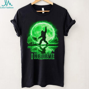 Bigfoot “I Believe” Neon Green Moon T Shirt Mythical Sasquatch Forest Tee