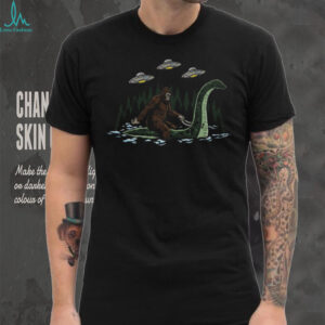 Bigfoot Riding Loch Ness Monster T Shirt Funny Cryptid & UFO Alien Tee
