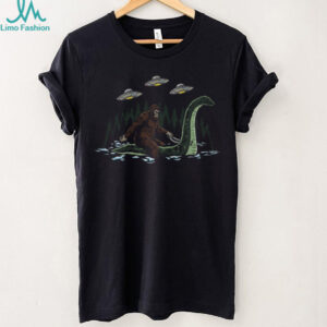 Bigfoot Riding Loch Ness Monster T Shirt Funny Cryptid & UFO Alien Tee