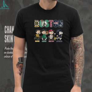 Boston Sports Teams Peanuts Snoopy Charlie Brown Bruins Celtics Red Sox Patriots T Shirt