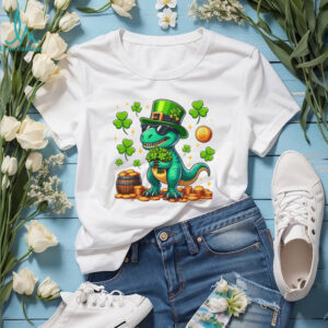 Cool St. Patrick's Day T Rex Dinosaur with Sunglasses & Pot of Gold T Shirt