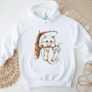 Cute Sad Kitten Hanging on Tree Branch Artistic Illustration T Shirt