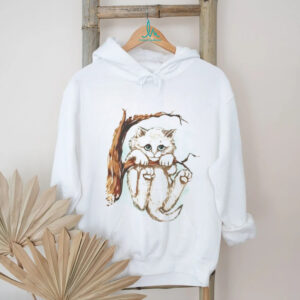 Cute Sad Kitten Hanging on Tree Branch Artistic Illustration T Shirt