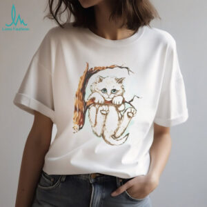 Cute Sad Kitten Hanging on Tree Branch Artistic Illustration T Shirt