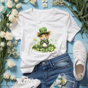 Cute Watercolor Field Mouse in Leprechaun T Shirt and Bowtie