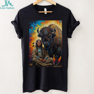 Indigenous Spirit Wisdom Sitting Warrior & Buffalo T shirt