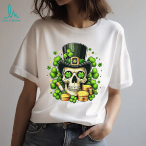 Irish Leprechaun Skull with Gold Coins and Clover Eyes T Shirt