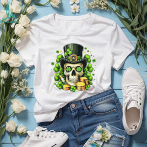 Irish Leprechaun Skull with Gold Coins and Clover Eyes T Shirt