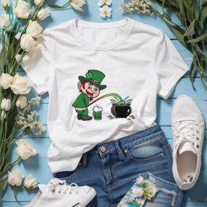 Rude Leprechaun Peeing Rainbow into Pot of Gold Humor Design