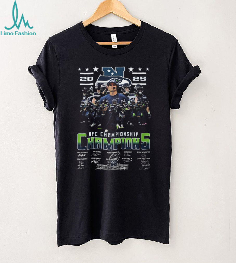 Seattle Seahawks 2025 NFC Championship Champions Signatures T Shirt Seattle Seahawks 2025 NFC Championship Champions Signatures T Shirt