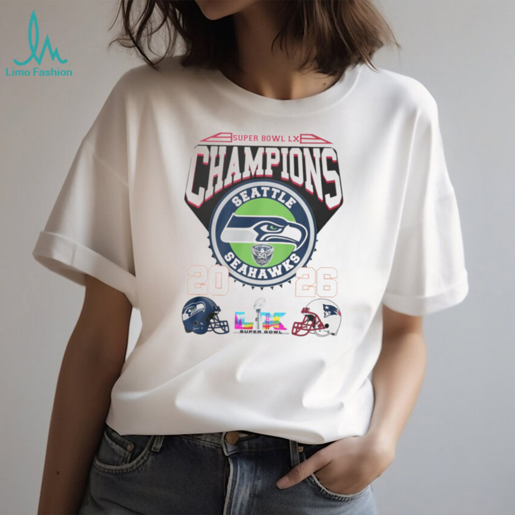 Seattle Seahawks Super Bowl LX Champions 2026 Helmet Matchup White T Shirt Seattle Seahawks Super Bowl LX Champions 2026 Helmet Matchup White T Shirt
