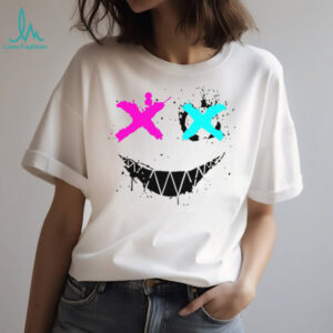 Streetwear Pink and Blue Cross Eye Graffiti Smiley Face White T Shirt