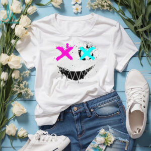 Streetwear Pink and Blue Cross Eye Graffiti Smiley Face White T Shirt
