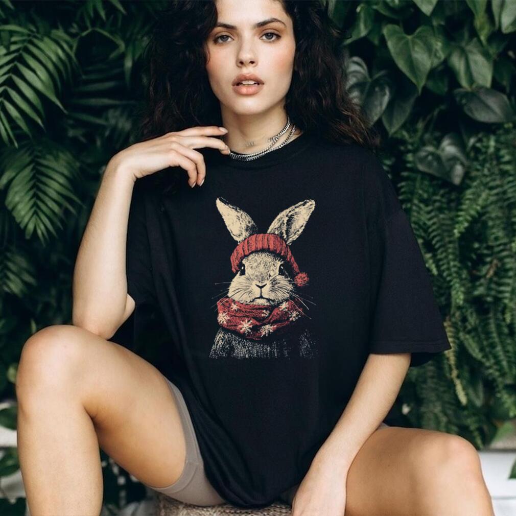 Winter Bunny Rabbit in Red Knit Hat and Snowflake Scarf Tee Winter Bunny Rabbit in Red Knit Hat and Snowflake Scarf Tee