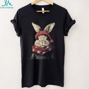 Winter Bunny Rabbit in Red Knit Hat and Snowflake Scarf Tee