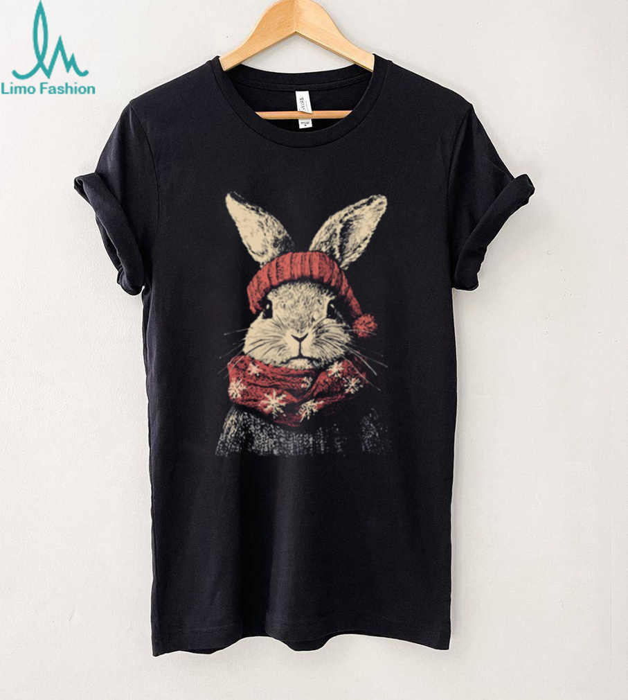Winter Bunny Rabbit in Red Knit Hat and Snowflake Scarf Tee Winter Bunny Rabbit in Red Knit Hat and Snowflake Scarf Tee