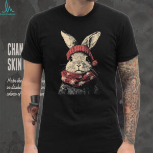 Winter Bunny Rabbit in Red Knit Hat and Snowflake Scarf Tee