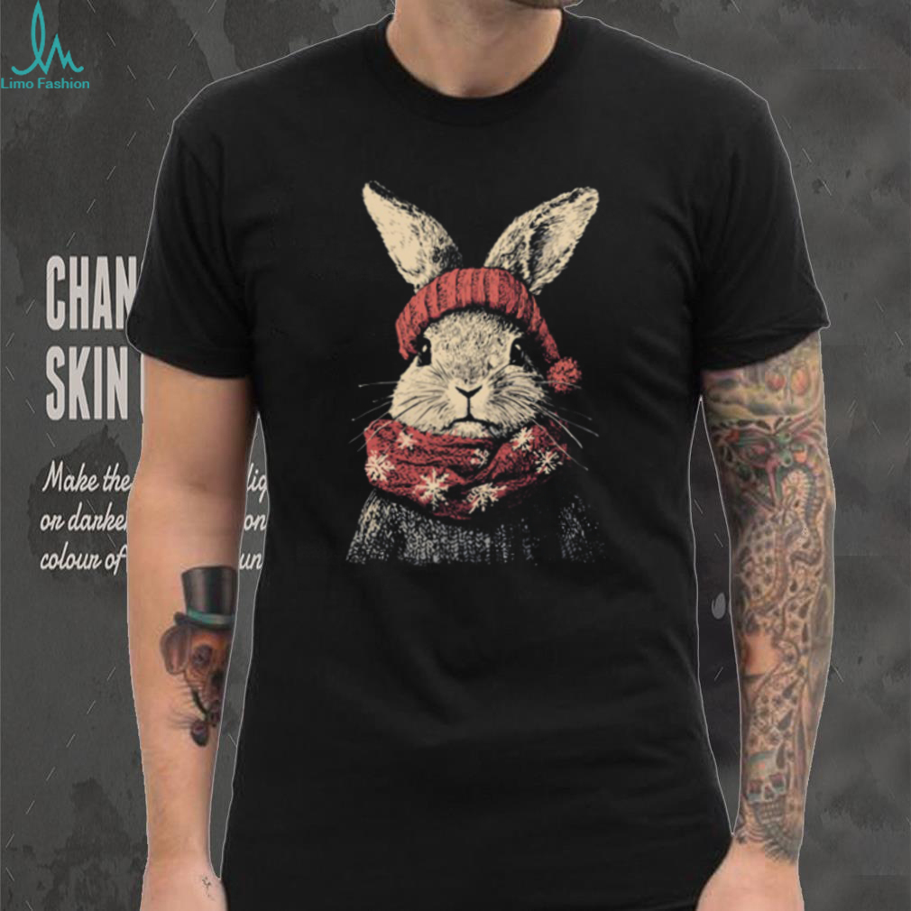 Winter Bunny Rabbit in Red Knit Hat and Snowflake Scarf Tee Winter Bunny Rabbit in Red Knit Hat and Snowflake Scarf Tee