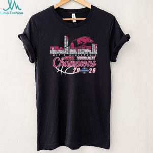 Arkansas Razorbacks 2026 SEC Tournament Champions City Skyline Typography T Shirt