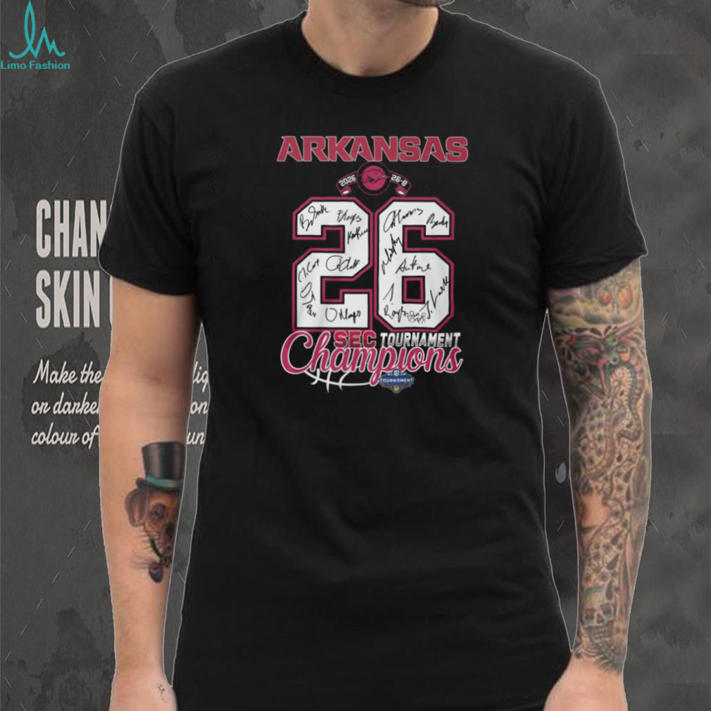 Arkansas Razorbacks 2026 SEC Tournament Champions Signature Jersey Number T Shirt Arkansas Razorbacks 2026 SEC Tournament Champions Signature Jersey Number T Shirt