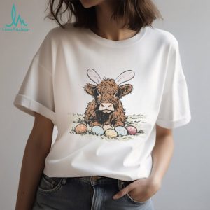 Cute Highland Cow Easter Bunny Ears with Eggs Graphic T Shirt