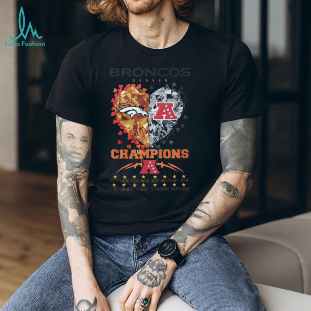 Denver Broncos AFC Champions Heart Diamond Multi Year History T Shirt Denver Broncos AFC Champions Heart Diamond Multi Year History T Shirt