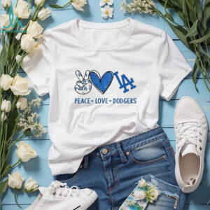 Los Angeles Dodgers Peace Love Dodgers MLB Baseball Blue Sparkle T Shirt