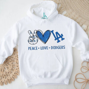 Los Angeles Dodgers Peace Love Dodgers MLB Baseball Blue Sparkle T Shirt