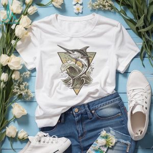 Majestic Blue Marlin Swordfish Ocean Wave Graphic T shirt