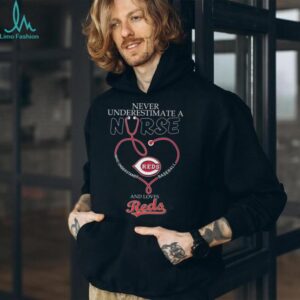 Never Underestimate A Nurse Who Loves Cincinnati Reds Baseball Heart Stethoscope T Shirt
