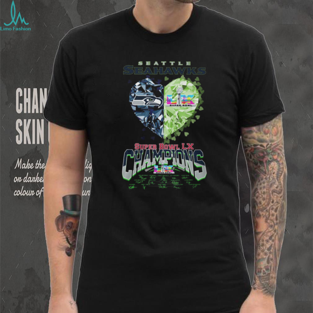 Seattle Seahawks Super Bowl LX Champions Diamond Heart Team Signatures T Shirt Seattle Seahawks Super Bowl LX Champions Diamond Heart Team Signatures T Shirt
