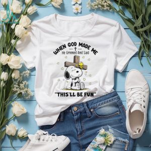Snoopy Hugging Cross When God Made Me He Grinned Christian T Shirt
