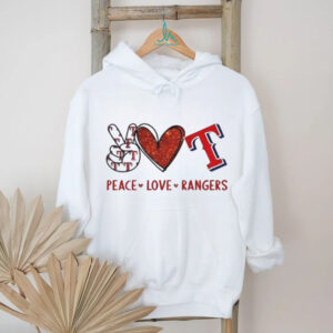 Texas Rangers Peace Love Rangers Baseball Red Glitter Logo T Shirt