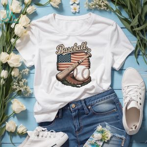 Vintage American Flag Baseball Glove and Bat Sports Graphic T Shirt