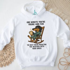 “Young And Fun To Weather Knees” Coffee Dog Rocking Chair T Shirt “Young And Fun To Weather Knees” Coffee Dog Rocking Chair T Shirt