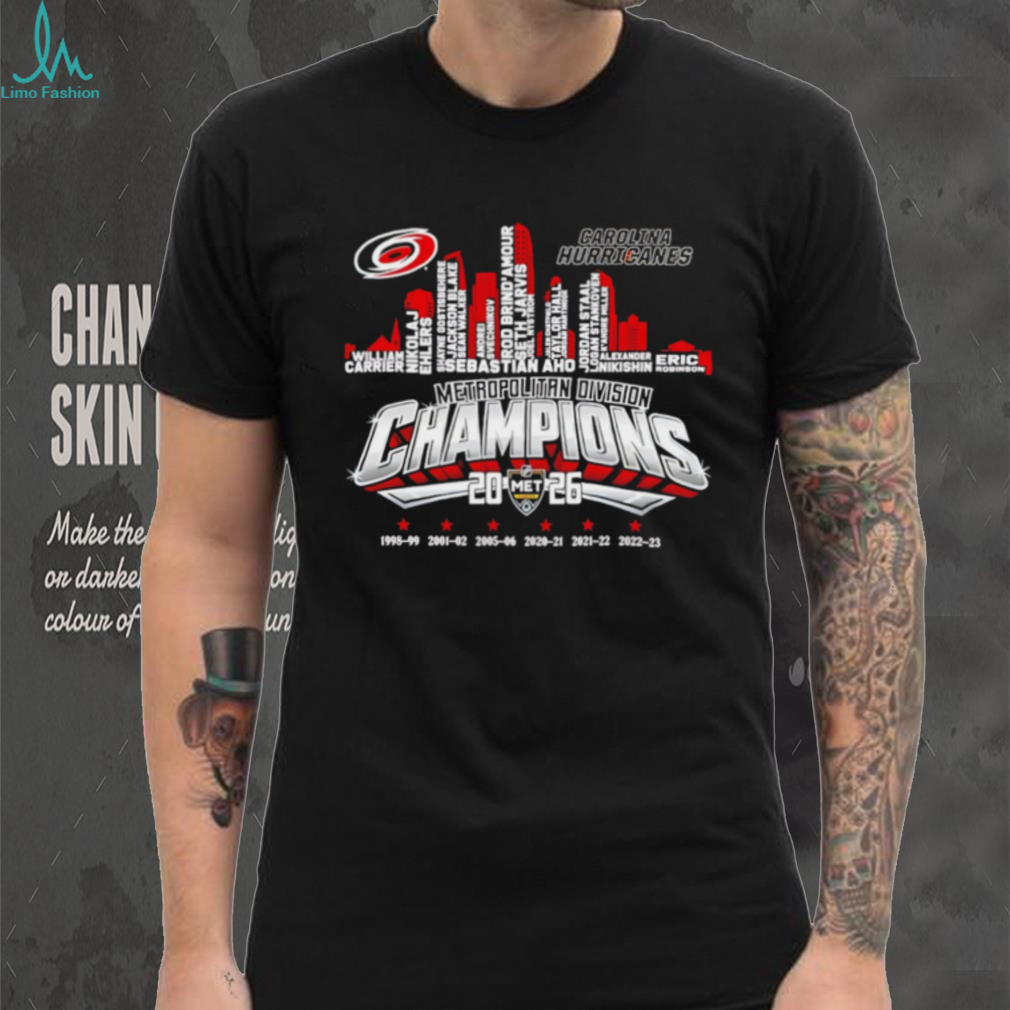 Carolina Hurricanes 2026 Metropolitan Division Champions Roster Skyline T Shirt Carolina Hurricanes 2026 Metropolitan Division Champions Roster Skyline T Shirt