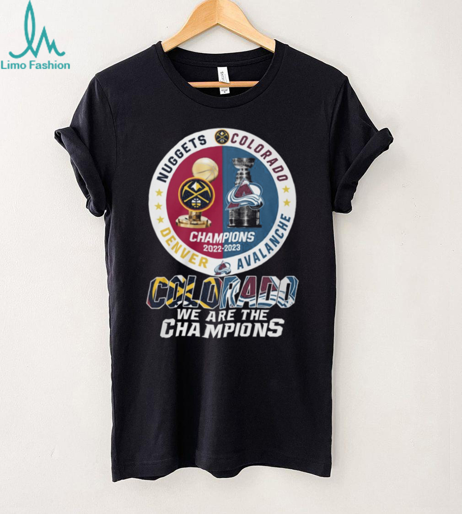 Colorado Dual Champions 2022 2023 Denver Nuggets & Avalanche Trophy T Shirt Colorado Dual Champions 2022 2023 Denver Nuggets & Avalanche Trophy T Shirt