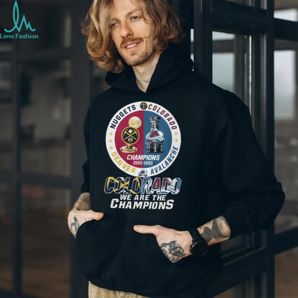 Colorado Dual Champions 2022 2023 Denver Nuggets & Avalanche Trophy T Shirt Colorado Dual Champions 2022 2023 Denver Nuggets & Avalanche Trophy T Shirt