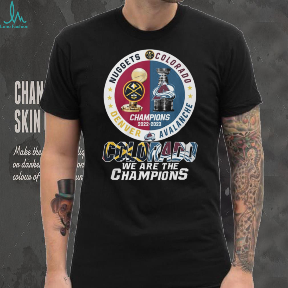 Colorado Dual Champions 2022 2023 Denver Nuggets & Avalanche Trophy T Shirt Colorado Dual Champions 2022 2023 Denver Nuggets & Avalanche Trophy T Shirt