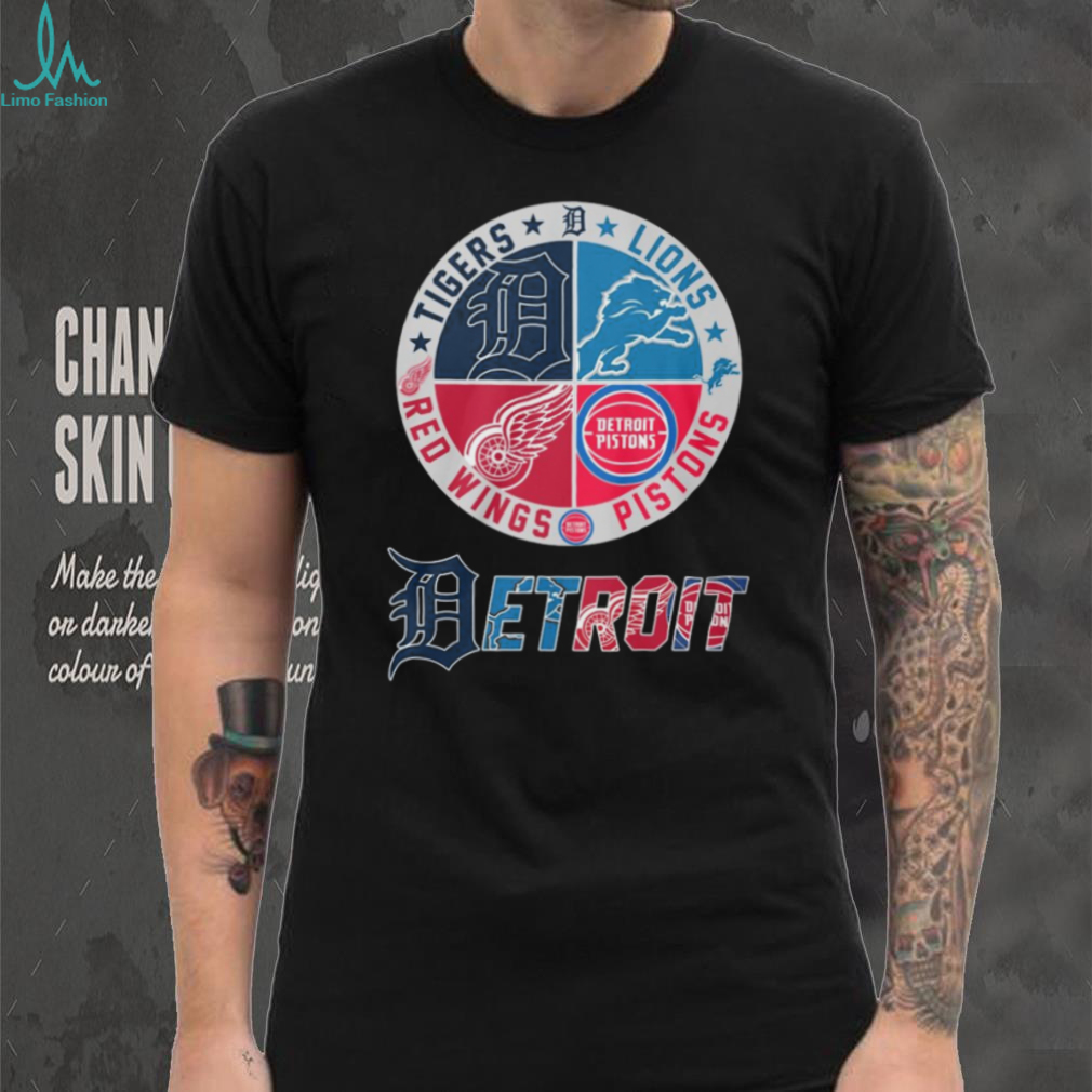 Detroit 4 Way Sports Crest T Shirt Tigers, Lions, Red Wings, Pistons Logo Detroit 4 Way Sports Crest T Shirt Tigers, Lions, Red Wings, Pistons Logo