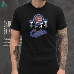Chicago Cubs Peanuts Characters Charlie Brown Snoopy Walking Under Blue Logo T Shirt