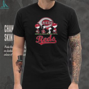 Cincinnati Reds Peanuts Characters Charlie Brown Snoopy Walking On Grass Baseball T Shirt