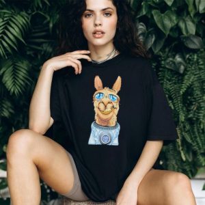 Cool Llama Sunglasses Astronaut Space Graphic Black Streetwear T Shirt