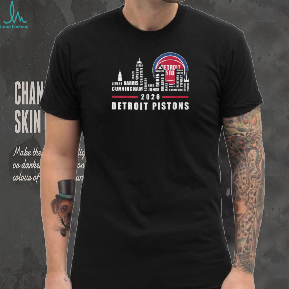 Detroit Pistons 2026 Basketball Team Players Names Skyline Logo Red Blue T Shirt Detroit Pistons 2026 Basketball Team Players Names Skyline Logo Red Blue T Shirt