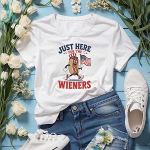 Just Here For The Wieners Funny 4th of July Hot Dog Character T Shirt