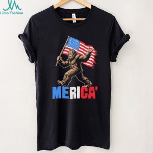 Merica Bigfoot Sasquatch Holding American Flag Patriot Graphic T Shirt