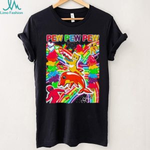 Pew Pew Pew Rainbow Cat Riding Dolphin Vaporwave Aesthetic T Shirt