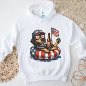 USA 250 Patriotic Dog Floating with Beer American Flag Sunglasses T Shirt