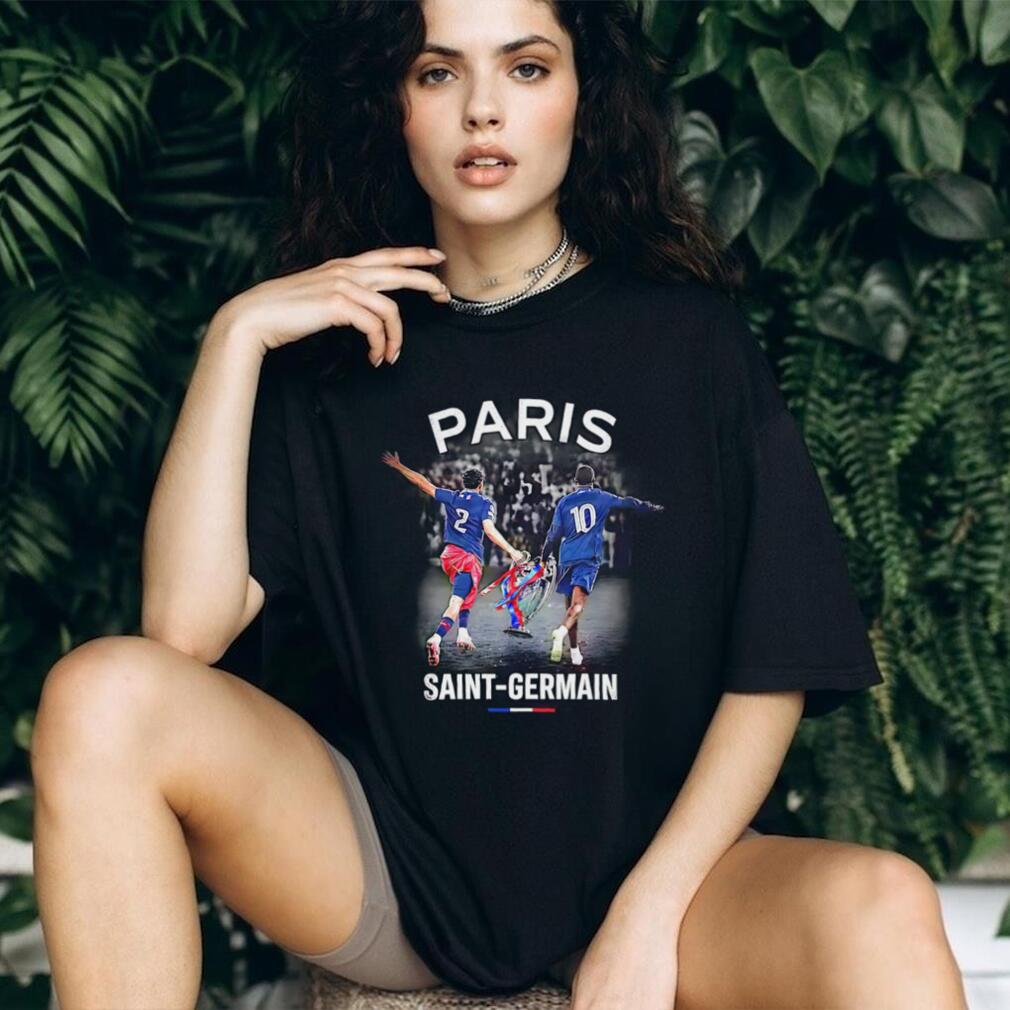 Paris Saint Germain players holding UEFA Champions League trophy shirt Paris Saint Germain players holding UEFA Champions League trophy shirt
