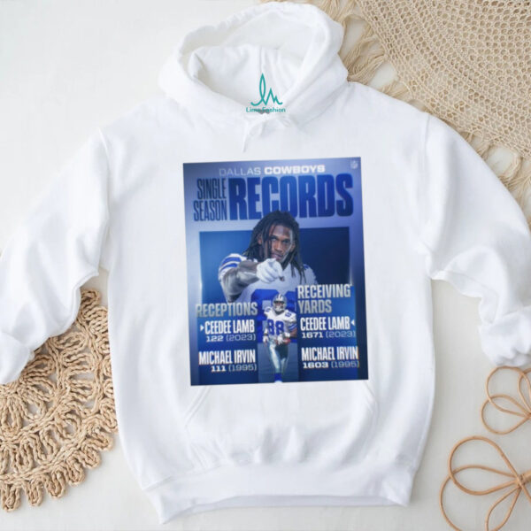 Dallas Cowboys Single Season Records Receptions Ceedee Lamb 122 2023 Michael Irvin 111 1995 Receiving Yards Ceedee Lamb 1671 2023 Michael Irvin 1603 1995 Poster T Shirt